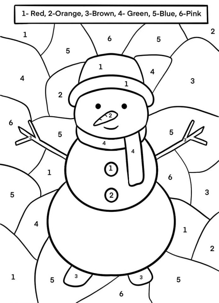 Coloring book with instructions dressed snowman