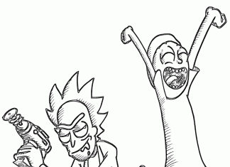 Druckbare Färbung Blatt der glücklichen Rick und Morty für Kinder