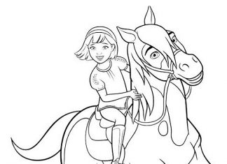 farvelægningsark til udskrivning af en glad pige på en hest
