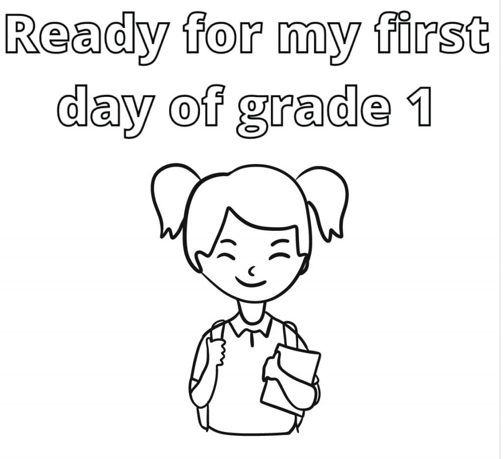 Coloring book Satisfied girl on first day of school printable and online