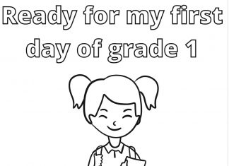 Coloring page of a happy girl on her first day at school