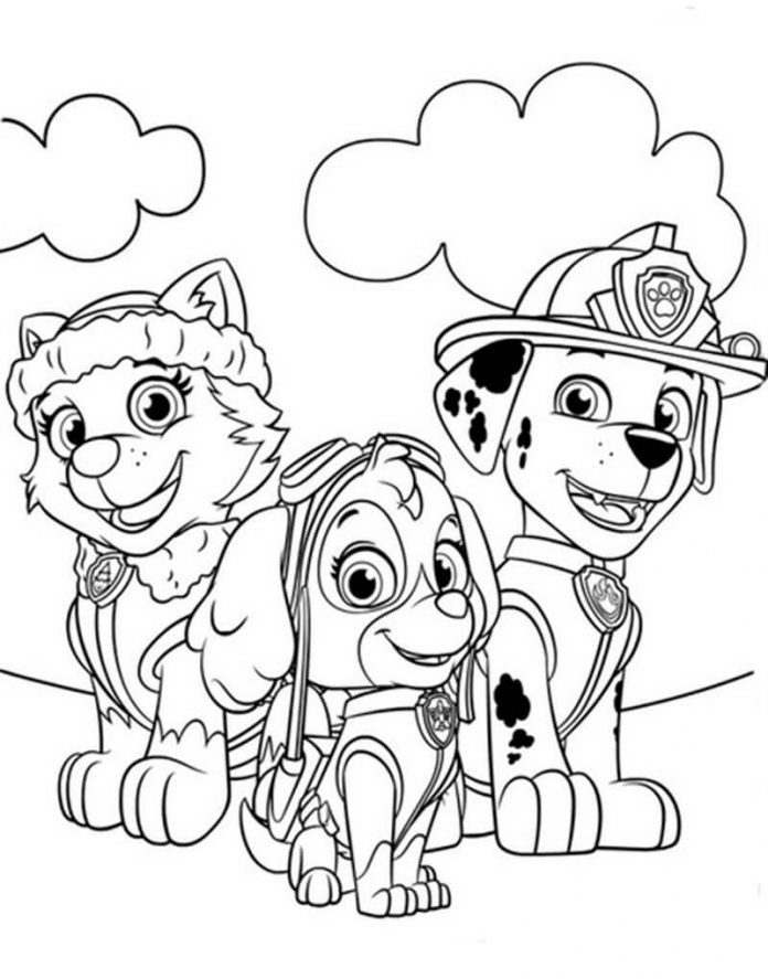 Lámina para colorear de los perritos felices de los dibujos animados de la patrulla canina