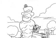 Printable coloring page of happy Rocky in the car with Paw patrol for kids
