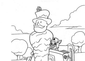 Foglio da colorare stampabile di Rocky felice in auto con Paw patrol per bambini