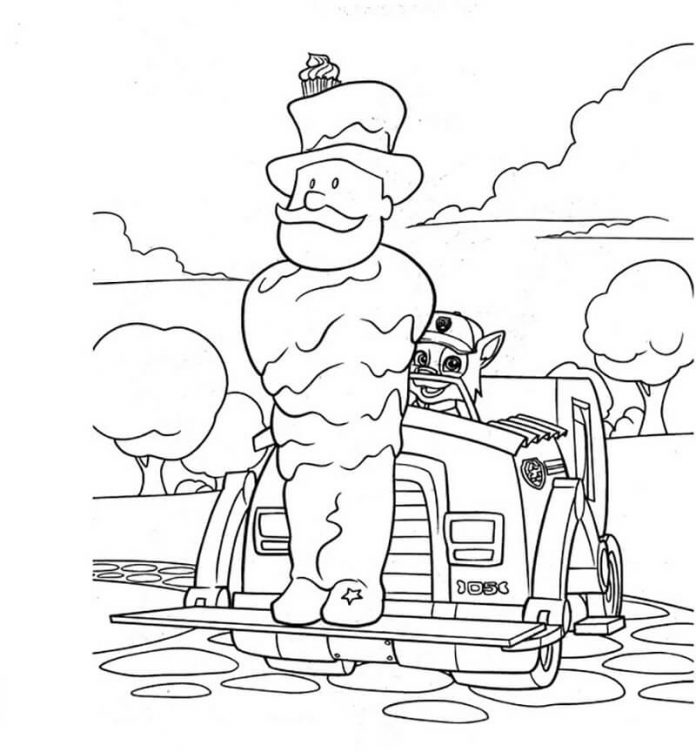 Printable coloring page of happy Rocky in the car with Paw patrol for kids