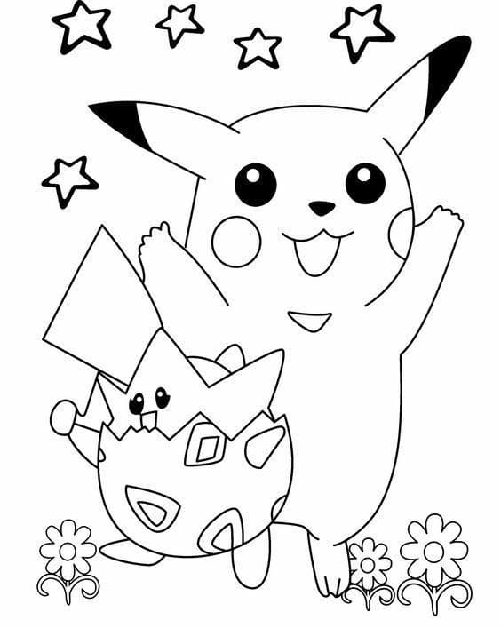 Druckbare Malvorlage von einem glücklichen Pikachu mit anderen Pokemon