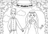 página de coloração imprimível de uma noiva e de um noivo apaixonados
