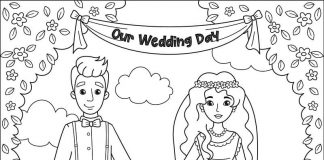 pagina stampabile da colorare di una sposa e uno sposo innamorati
