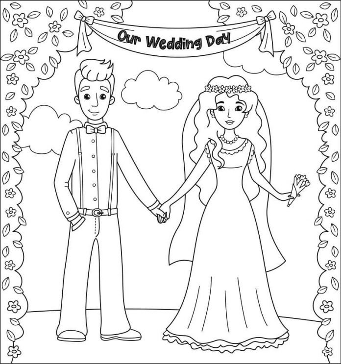 pagina stampabile da colorare di una sposa e uno sposo innamorati