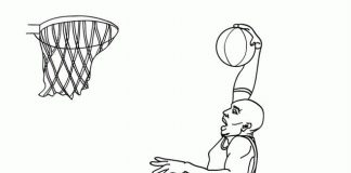Nyomtatható színezőkönyv egy játékosról, aki zsákol az NBA kosárlabdázó Kobe Bryantről