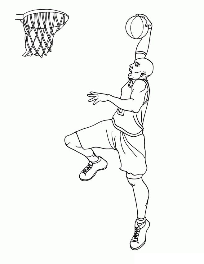 Libro da colorare stampabile di un giocatore che effettua una schiacciata sul giocatore di basket NBA Kobe Bryant