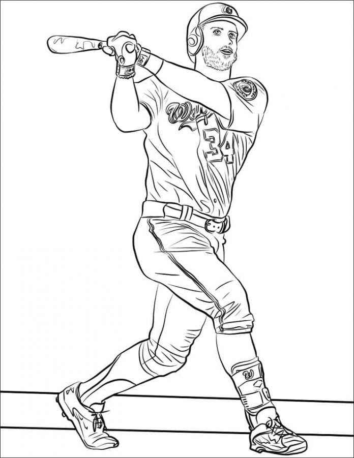 Foglio da colorare stampabile di un giocatore con una mazza da baseball