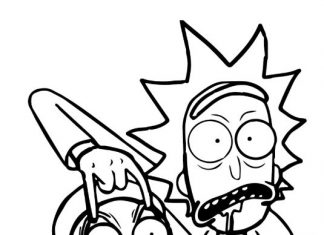 coloring page of astonished Rick and Morty