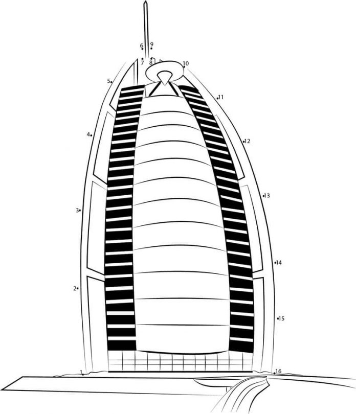 livro de colorir moderno edifício hotel velejar Dubai