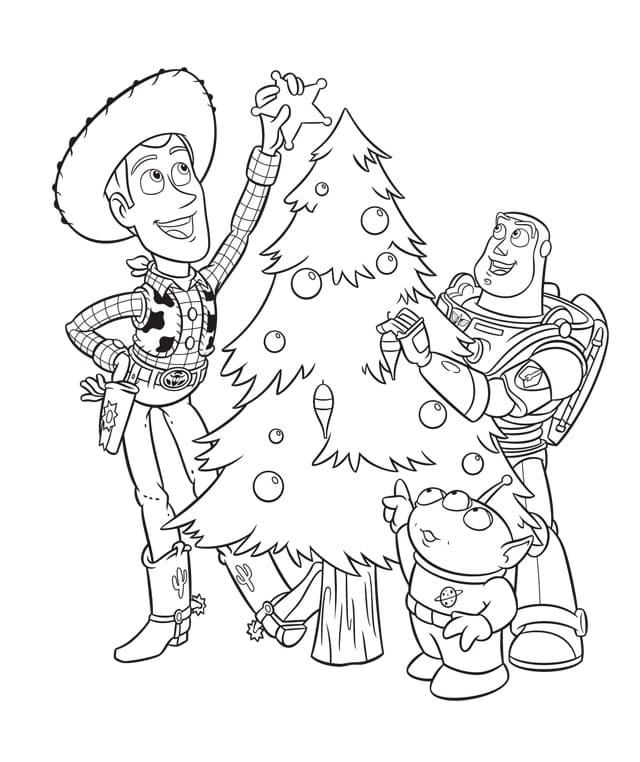 Libro para colorear de los personajes de Toy Story viste un árbol de Navidad  imprimible y online