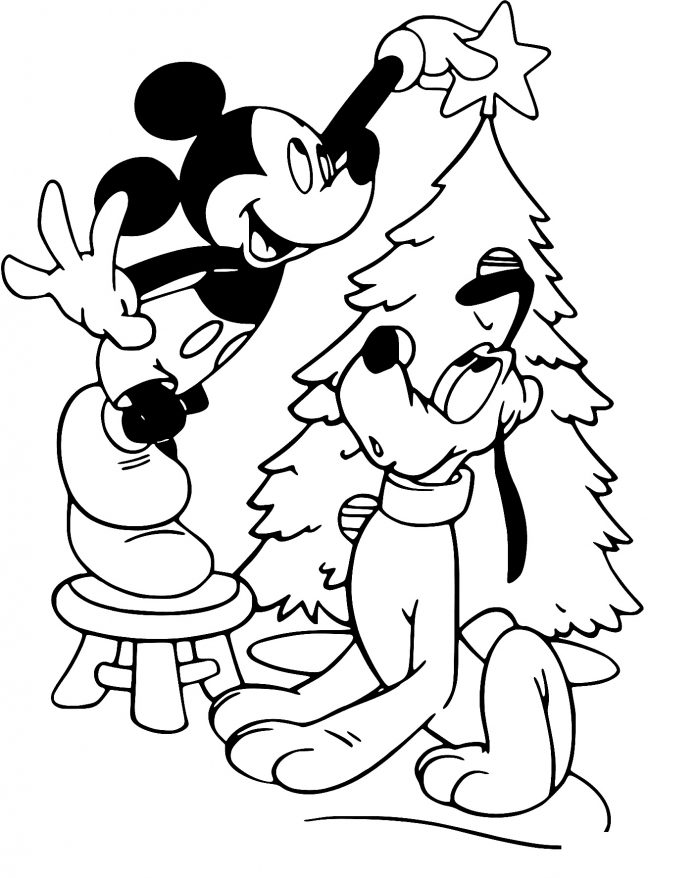 Lámina para colorear de Pluto Mickey Mouse y la Navidad