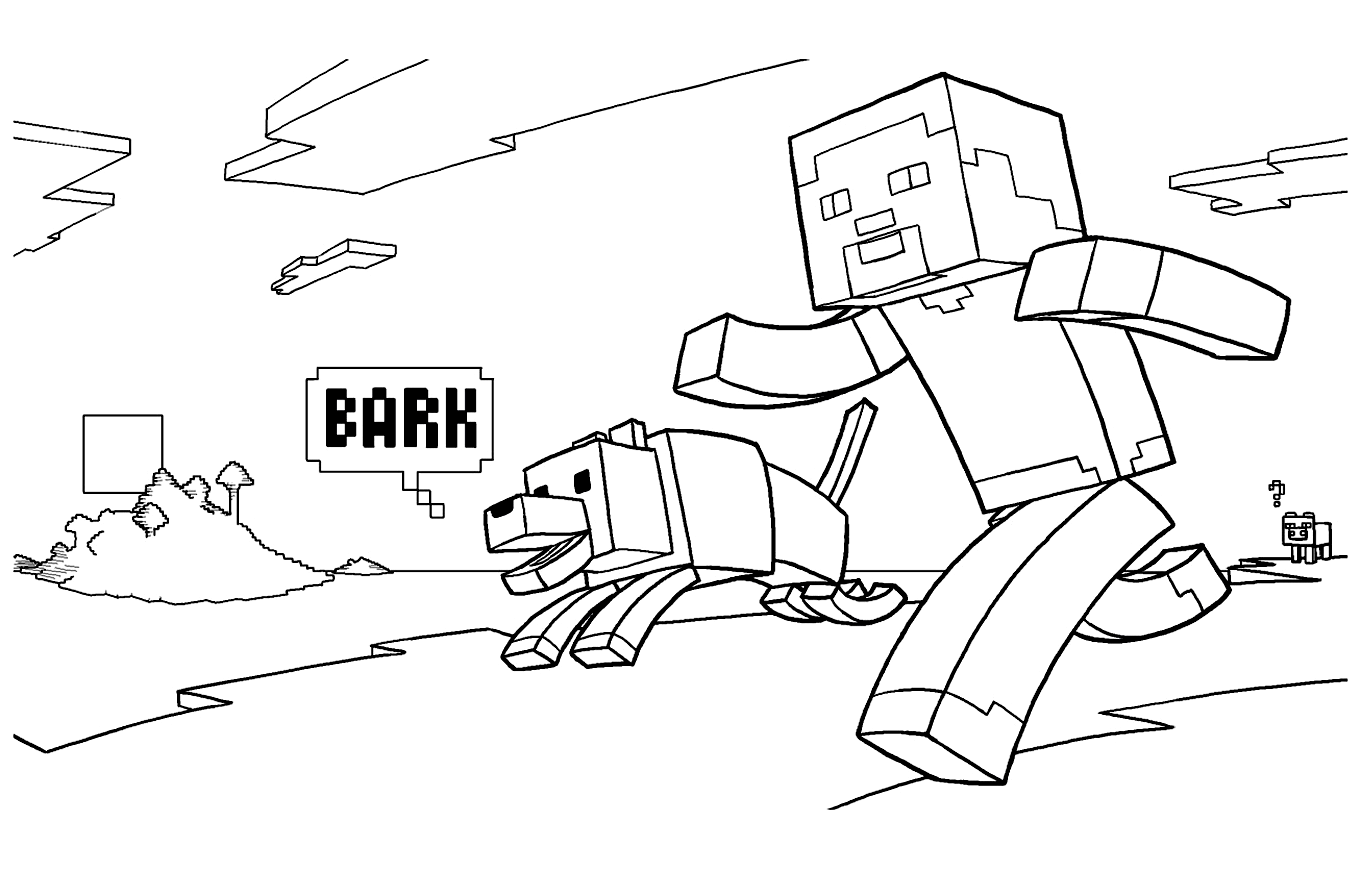 Värityskirja Koira juoksee Steve Minecraftin kanssa