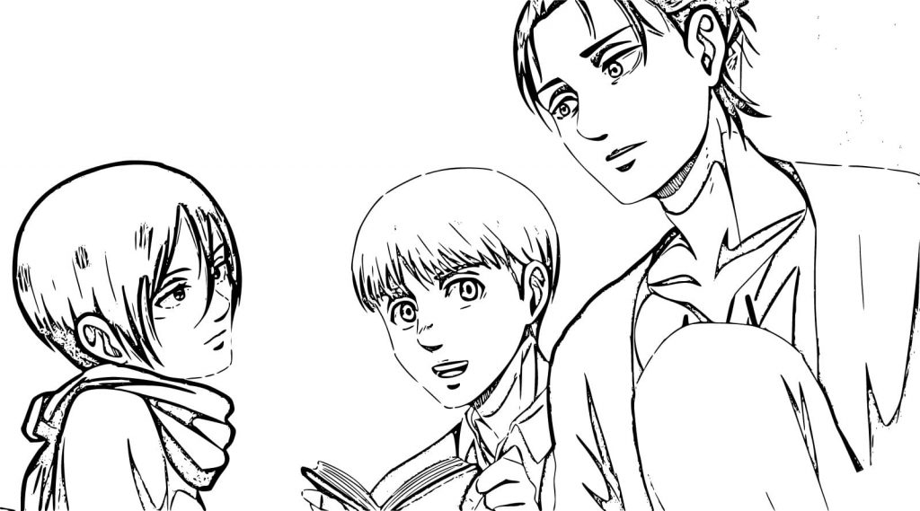 Anime characters Armin Arlert iMikasa Ackerman and Eren Yeager coloring book