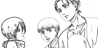 Anime characters Armin Arlert iMikasa Ackerman and Eren Yeager coloring book