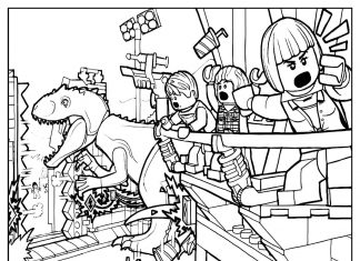 Lego mennesker og dinosaur i et printbart billede