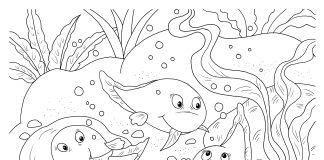Kis ebihalak úsznak a tóban nyomtatható gyerekeknek