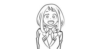 Hahmo koulupuvussa Ochaco Uraraka