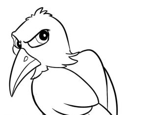 A surprised Raven bird in a tree coloring book